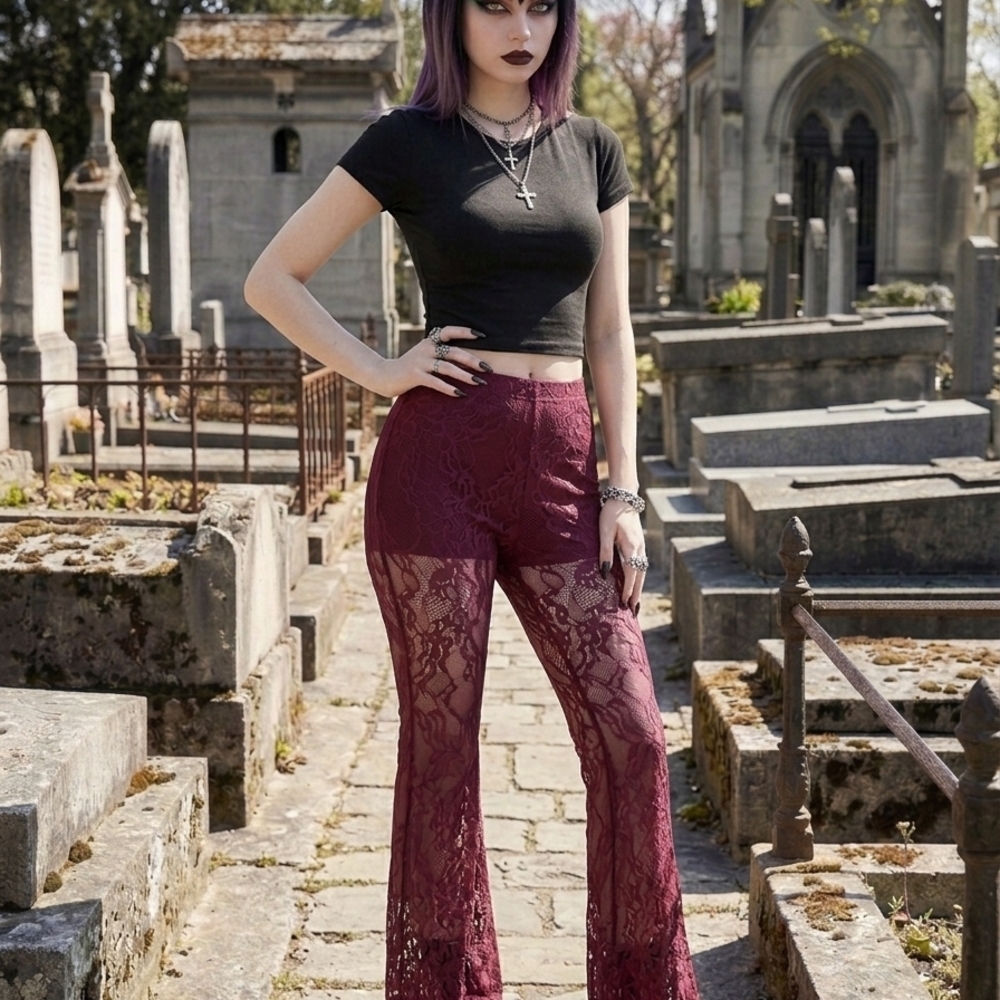 Burgundy Lace Wide Leg Pants